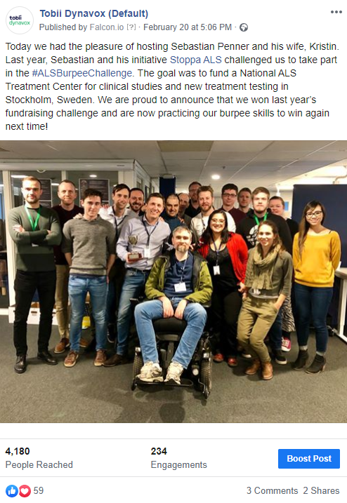 Social media post to support an ALS treatment project in Sweden